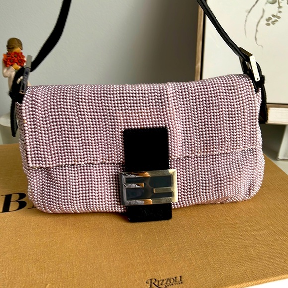 Fendi Handbags - FENDI lavender beaded trimmed pony hair baguette bag